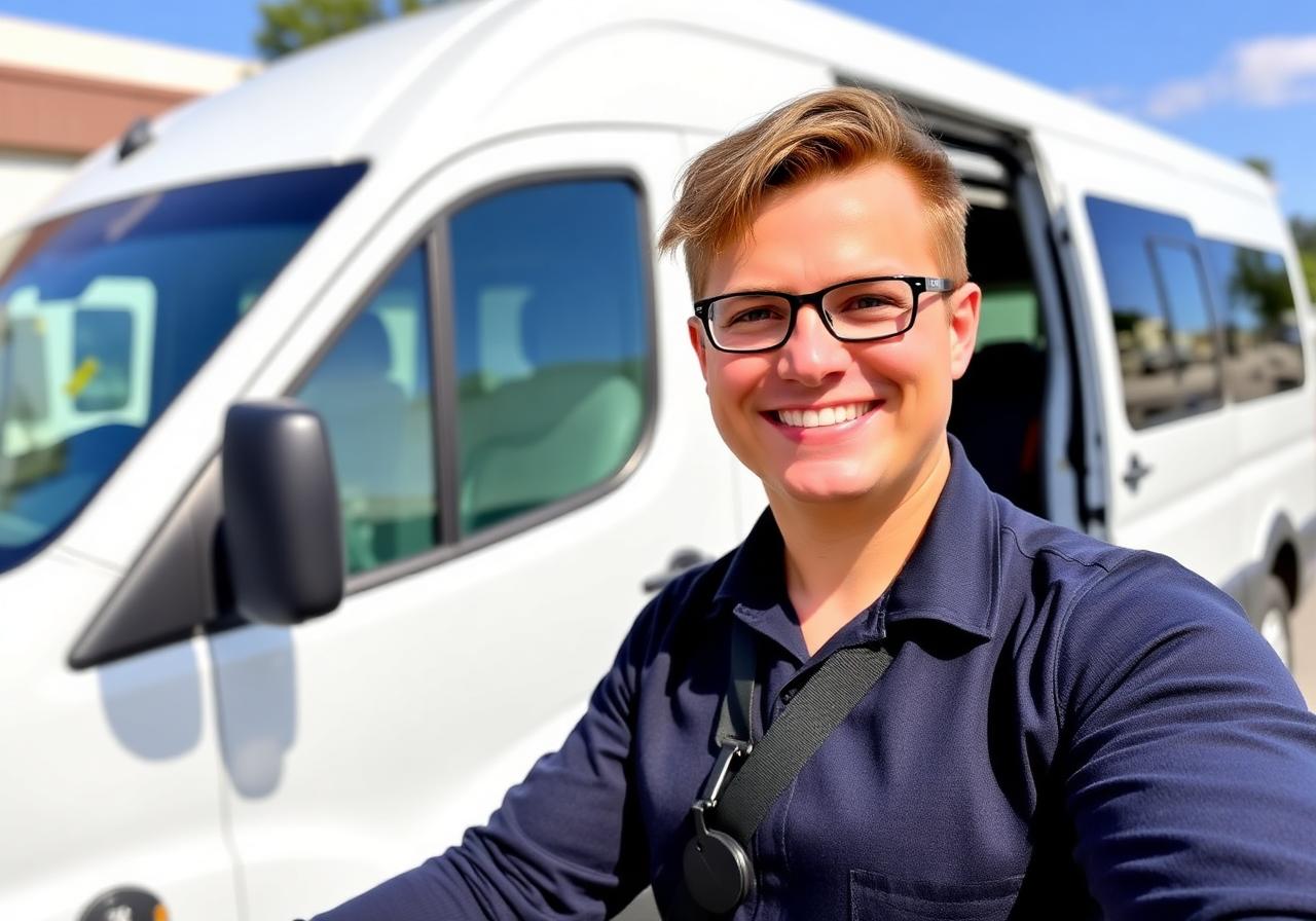 Friendly professional driver beside a clean white passenger van
